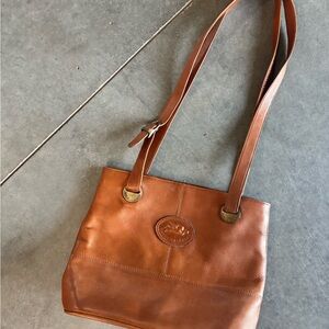 Women's Tan Leather Bag with Embossed Logo